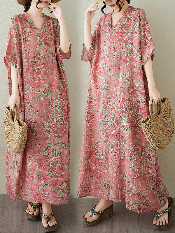 Linen Dress Wrap - Knee-Length Wrap Long Dress Summer Floral