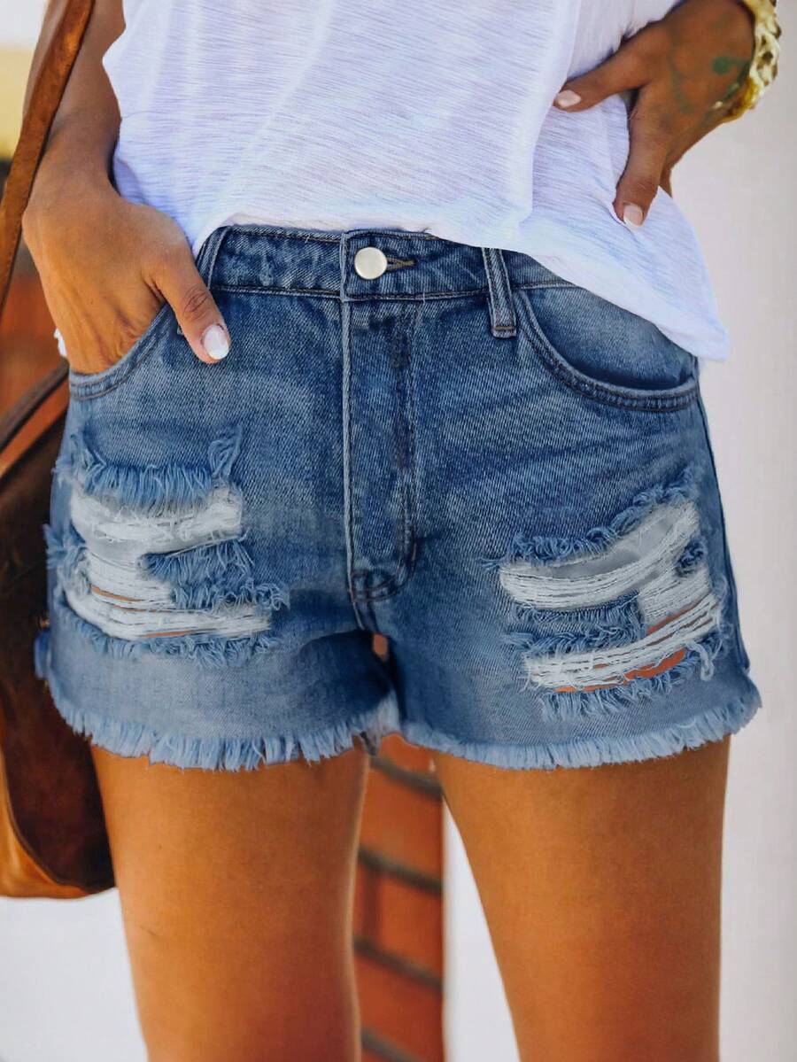 Shorts Denim Frayed - Mid Waist Washed Denim Shorts For