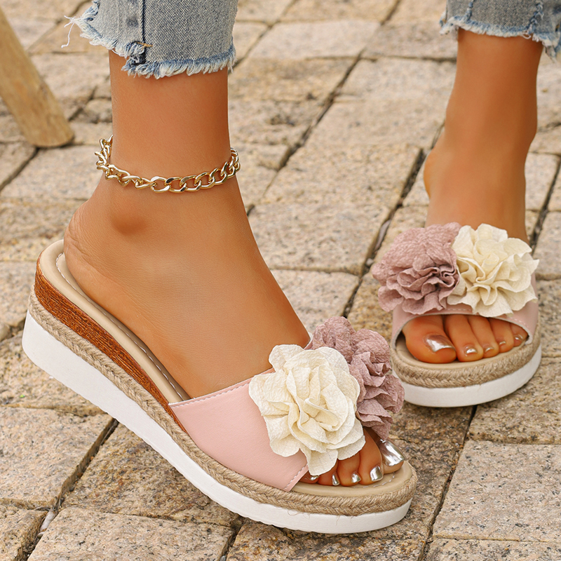 Women's Pink Flower Decor Plat - Wedge Espadrille Women avaliação e preço