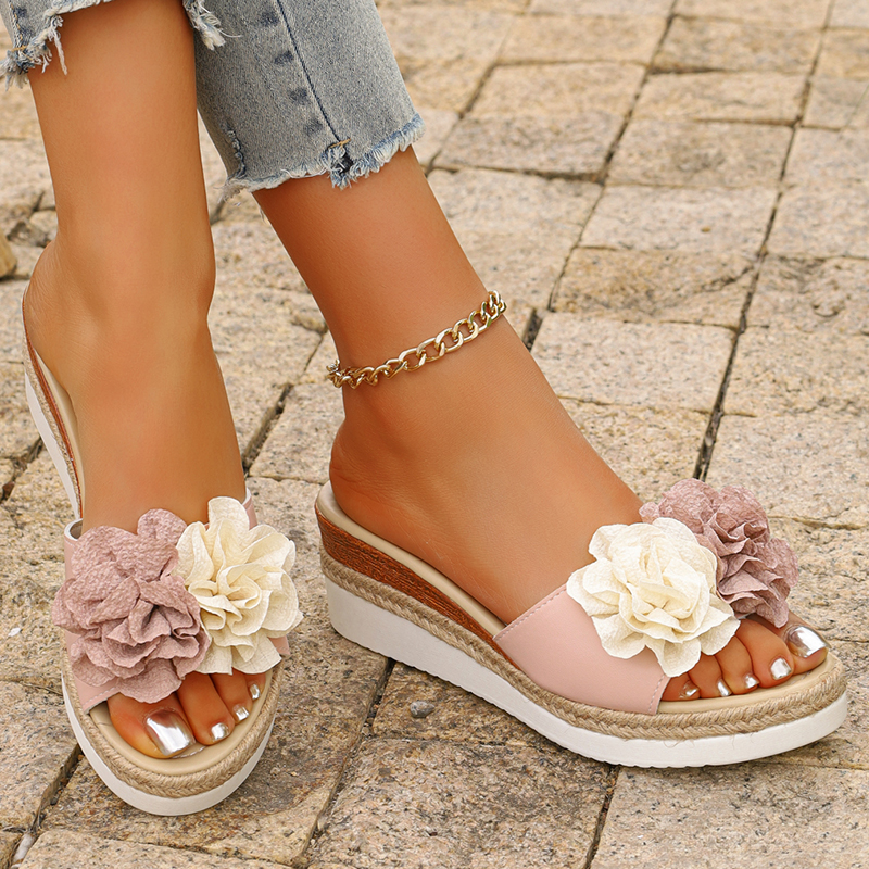 Women's Pink Flower Decor Plat - Wedge Espadrille Women avaliação e preço
