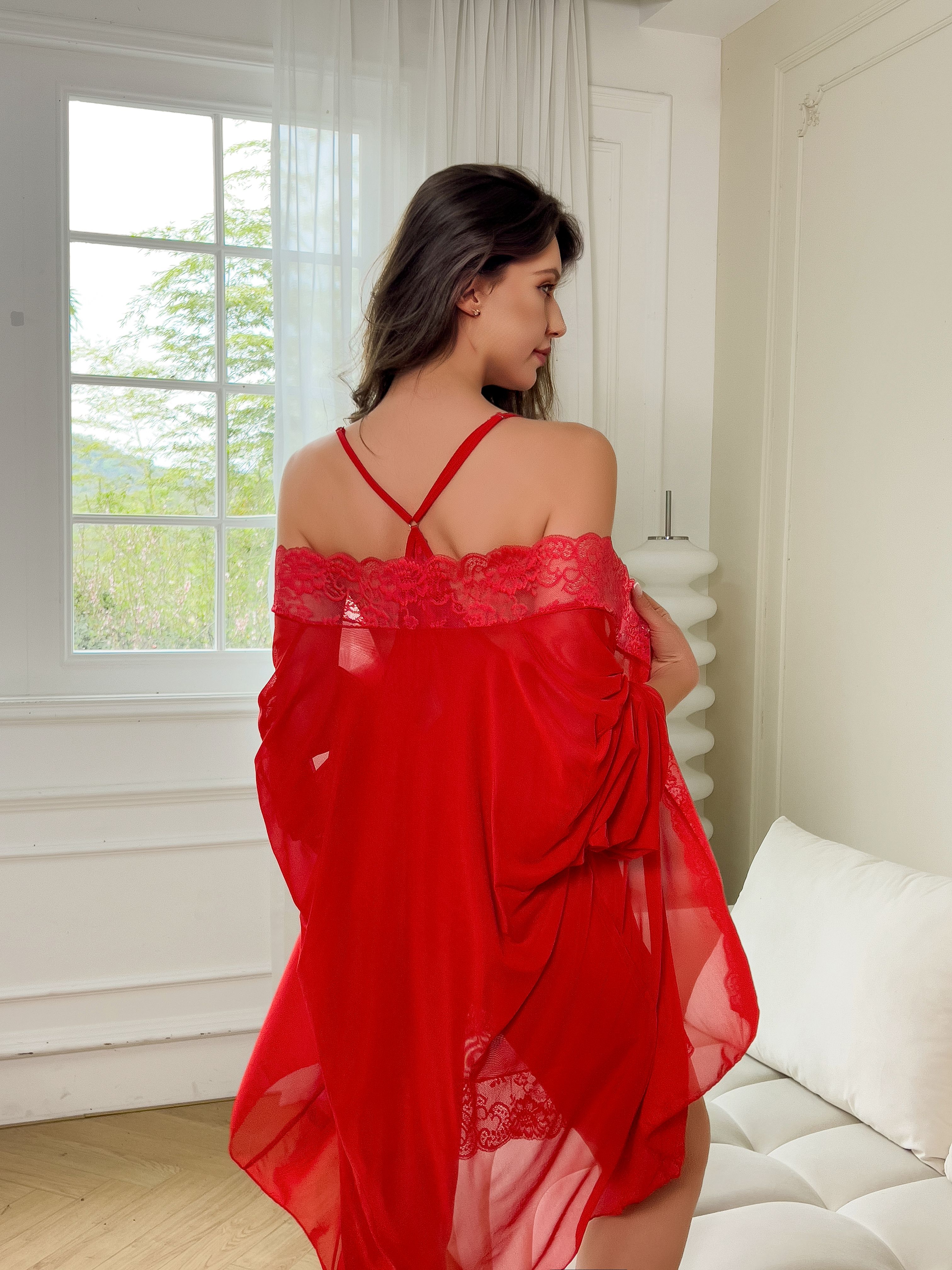 Plus Size Women Sexy Red Sheer - Kimono Sheer Floral avaliação e preço