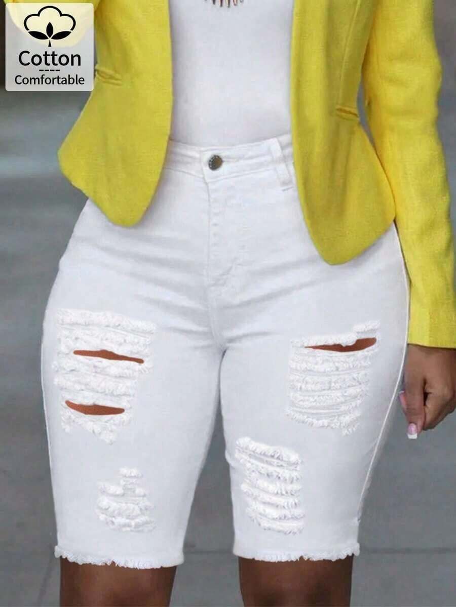 Womens Distressed White Denim  - Shorts Denim Frayed avaliação e preço
