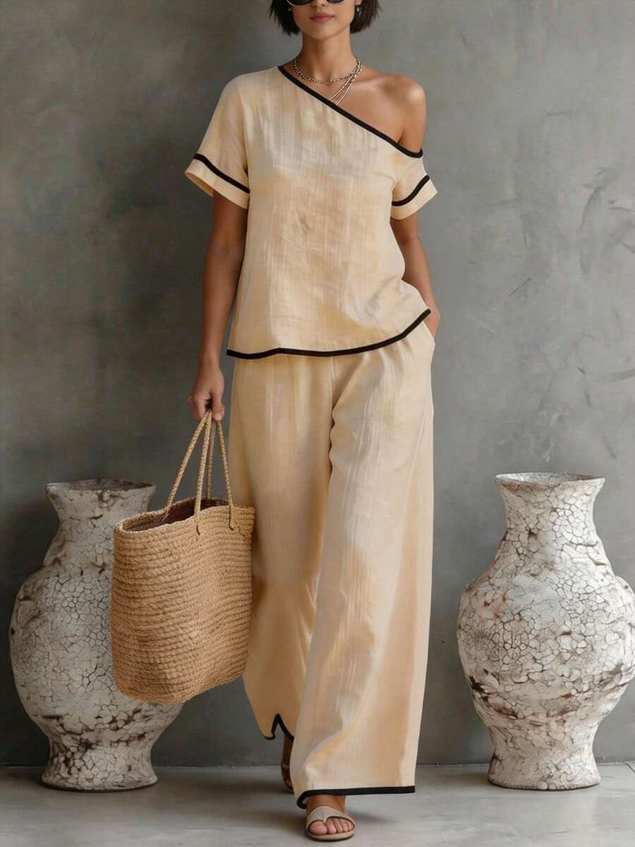 Womens Beige Asymmetric Top An - Linen Pant Wide avaliação e preço