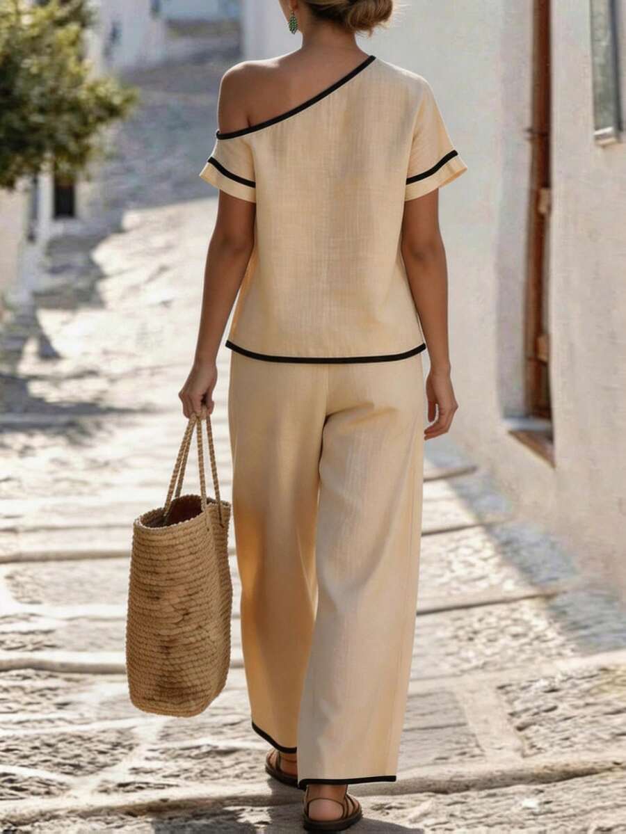 Womens Beige Asymmetric Top An - Linen Pant Wide avaliação e preço