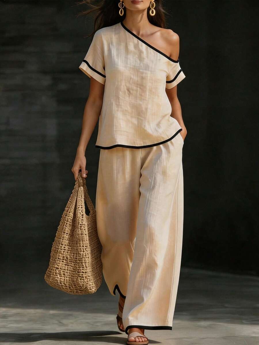 Womens Beige Asymmetric Top An - Linen Pant Wide avaliação e preço
