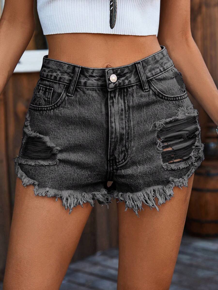 Ripped Denim Shorts High Waist - Shorts Denim Frayed avaliação e preço