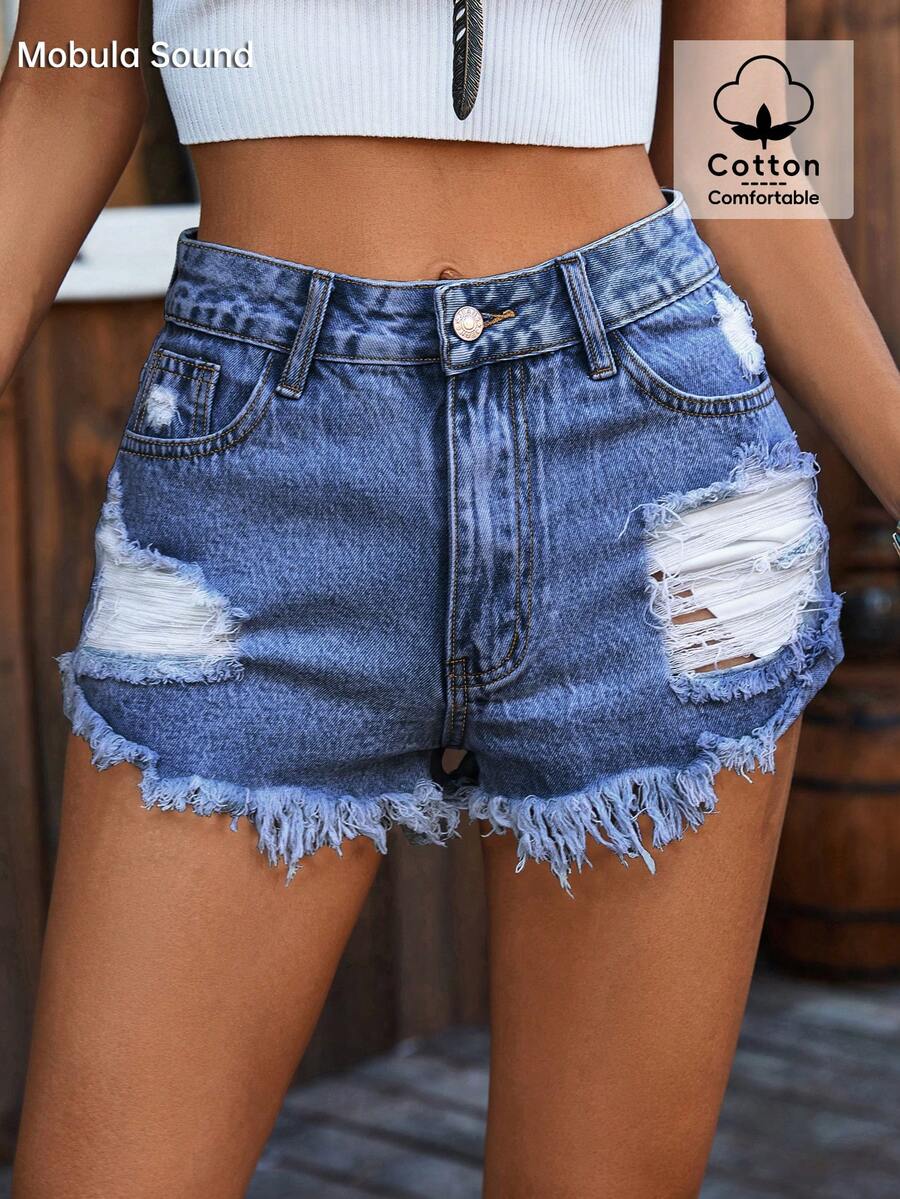 Ripped Denim Shorts High Waist - Shorts Denim Frayed avaliação e preço