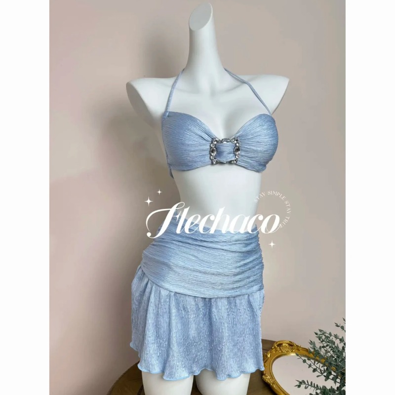 Women Light Blue Rhinestone Ha - Swimsuit Bikini Ruched avaliação e preço