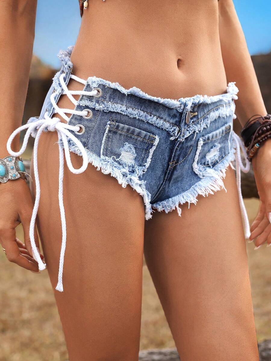 Women Low Waist Frayed Criss-C - Shorts Denim Frayed avaliação e preço
