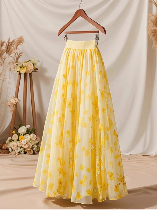 Summer 2026 High Waist Yellow  - Midi Skirt Floral avaliação e preço