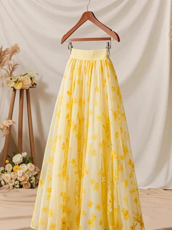 Summer 2026 High Waist Yellow  - Midi Skirt Floral avaliação e preço
