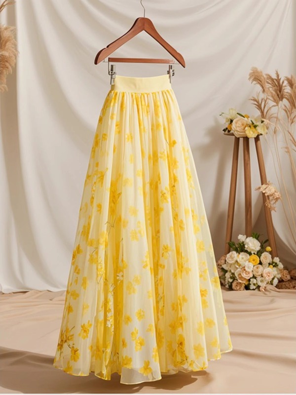 Summer 2026 High Waist Yellow  - Midi Skirt Floral avaliação e preço