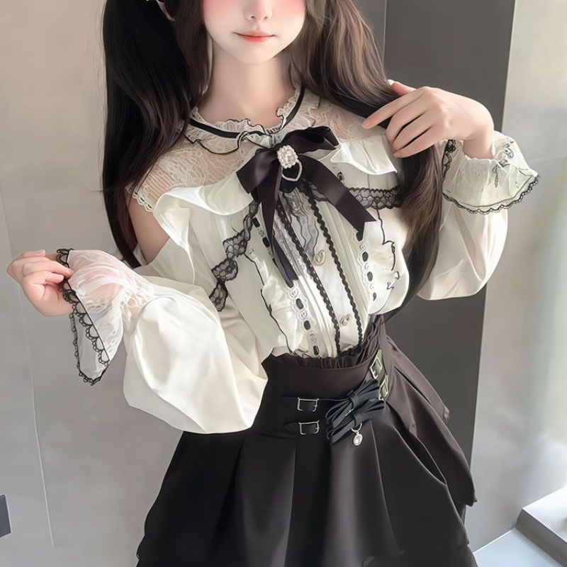 Japanese Gothic Y2k Lolita Sty - Blouse Off Shoulder avaliação e preço