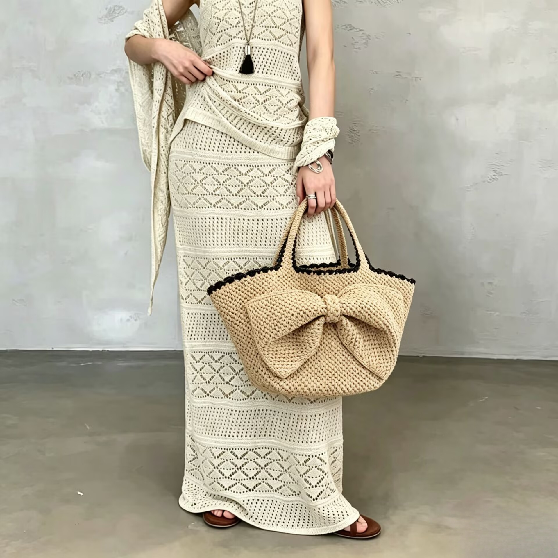 NEW raffia bow crochet handwov - Crochet Bag Raffia avaliação e preço