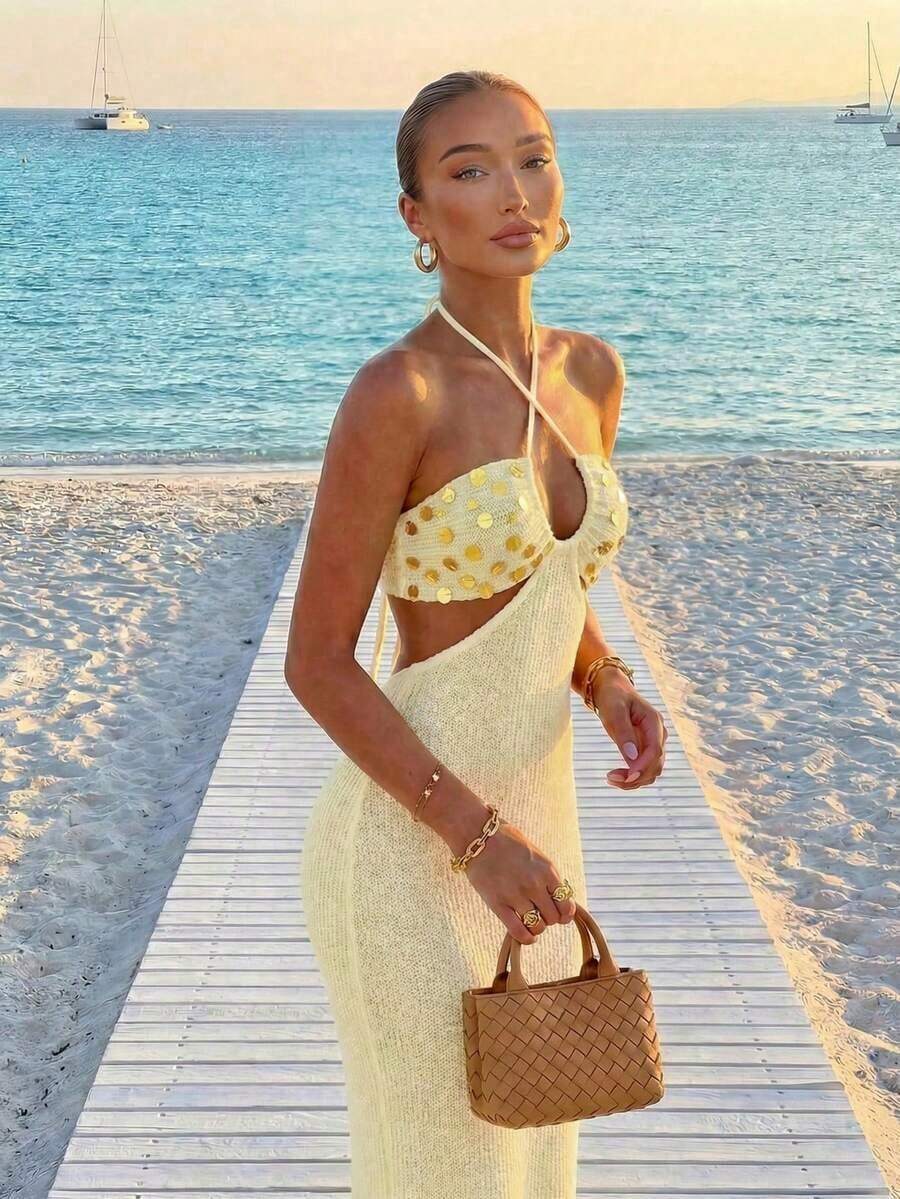 Womens Bohemian Sequin Spaghet - Maxi Dress Halter avaliação e preço