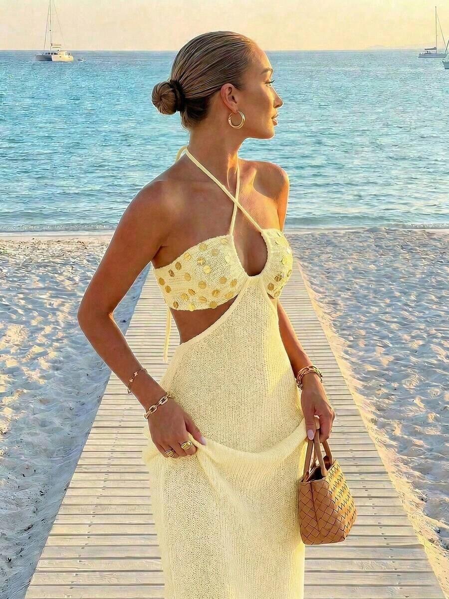 Womens Bohemian Sequin Spaghet - Maxi Dress Halter avaliação e preço