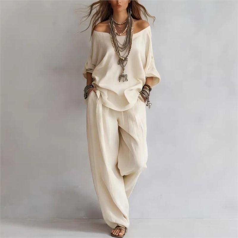 Women's Two-piece Three-quarte - Linen Pant Wide avaliação e preço