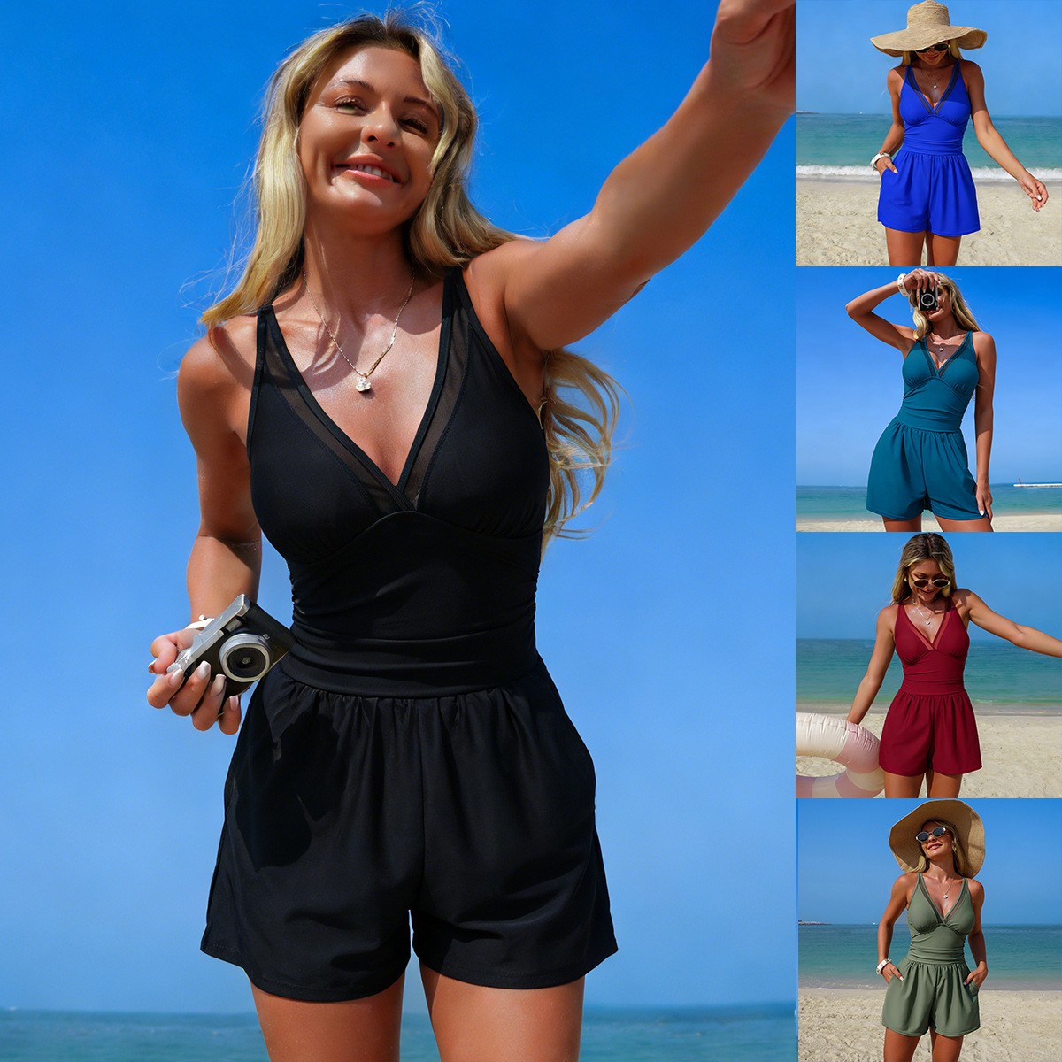 Black Solid Color Sleeveless V - Swimsuit Bikini Ruched avaliação e preço