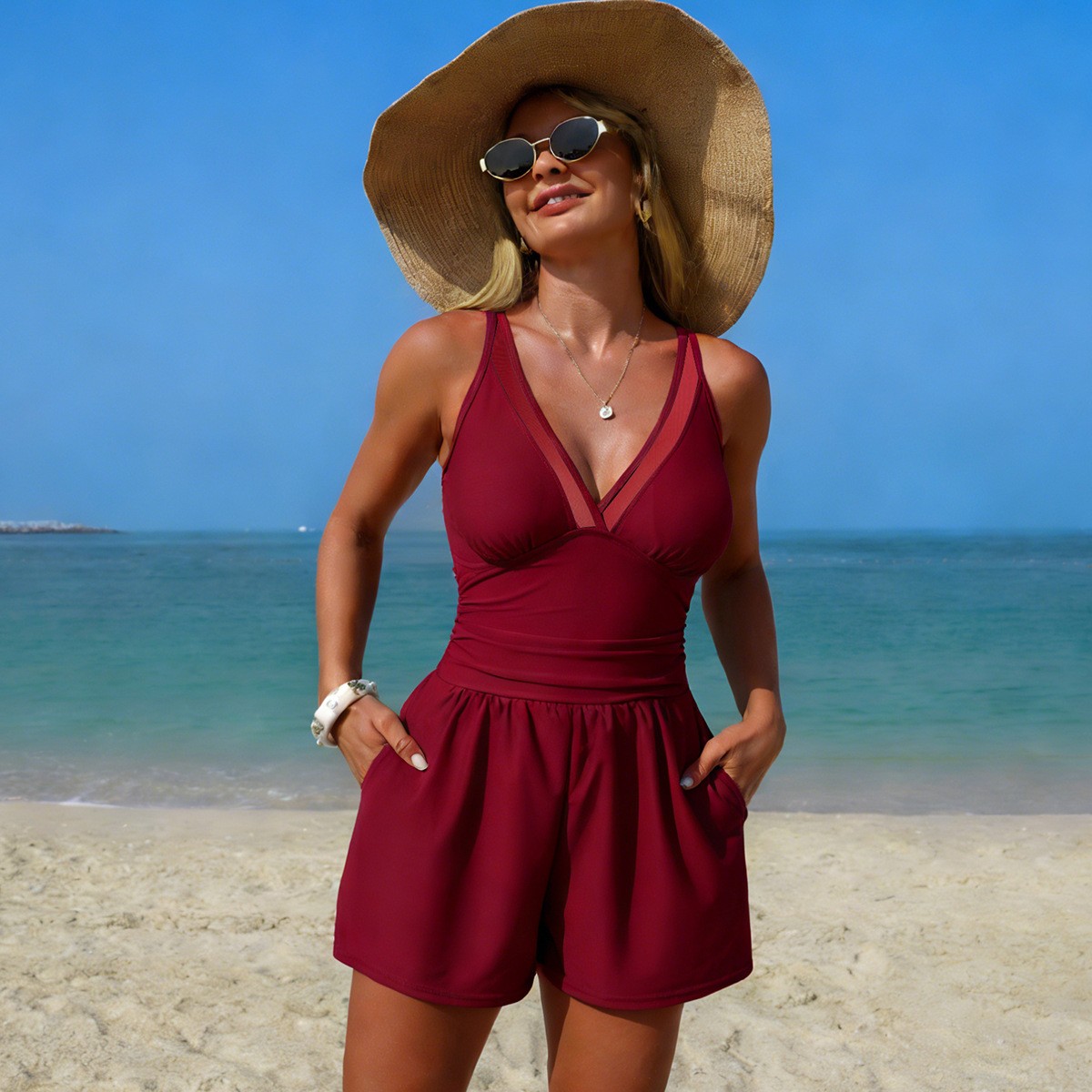 Black Solid Color Sleeveless V - Swimsuit Bikini Ruched avaliação e preço