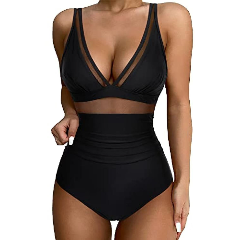 Women Deep V Mesh Cutout One P - Swimsuit Bikini Ruched avaliação e preço
