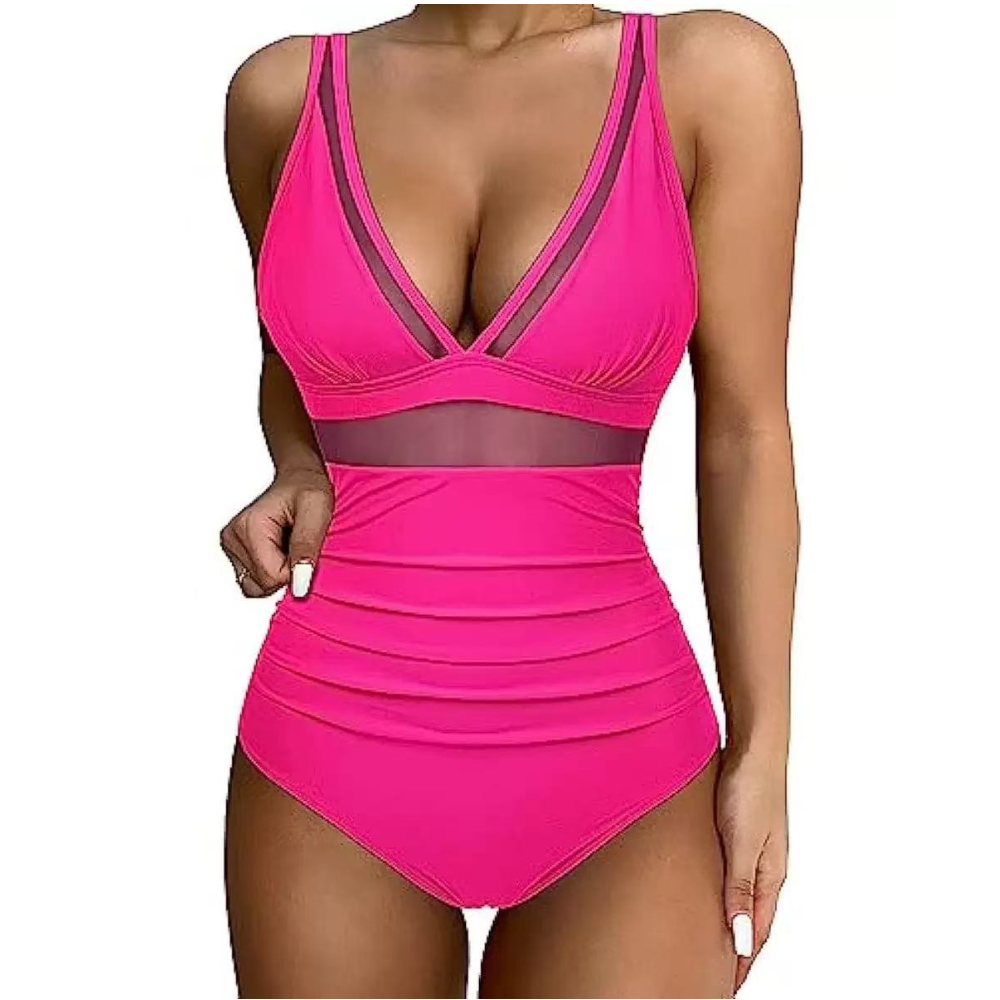 Women Deep V Mesh Cutout One P - Swimsuit Bikini Ruched avaliação e preço