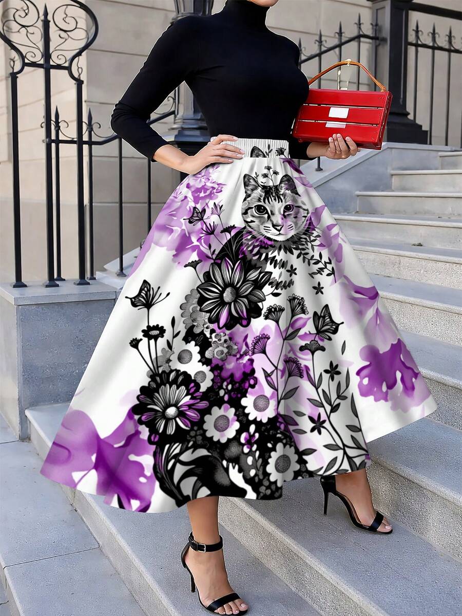 Oversized Floral Cat Print Mid - Midi Skirt Floral avaliação e preço