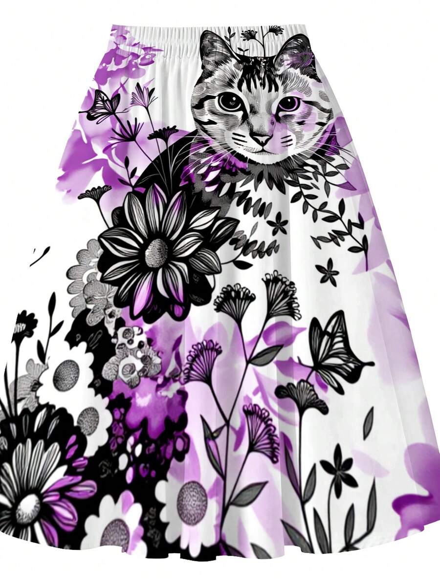Oversized Floral Cat Print Mid - Midi Skirt Floral avaliação e preço