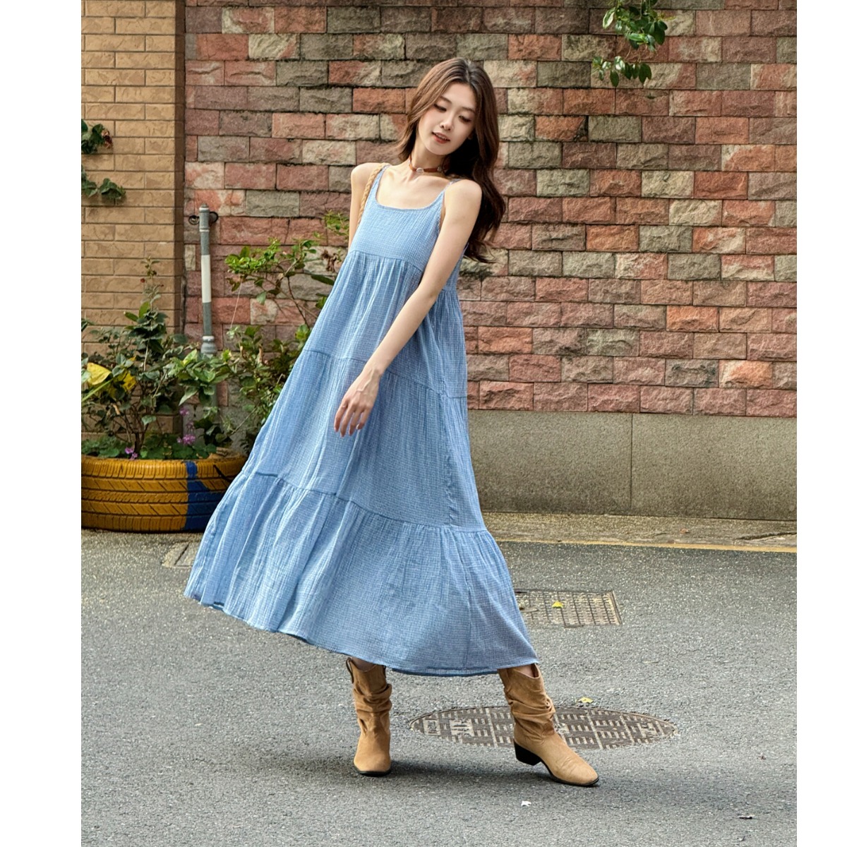 Elegant Blue Plaid Cotton Line - Linen Dress Wrap avaliação e preço