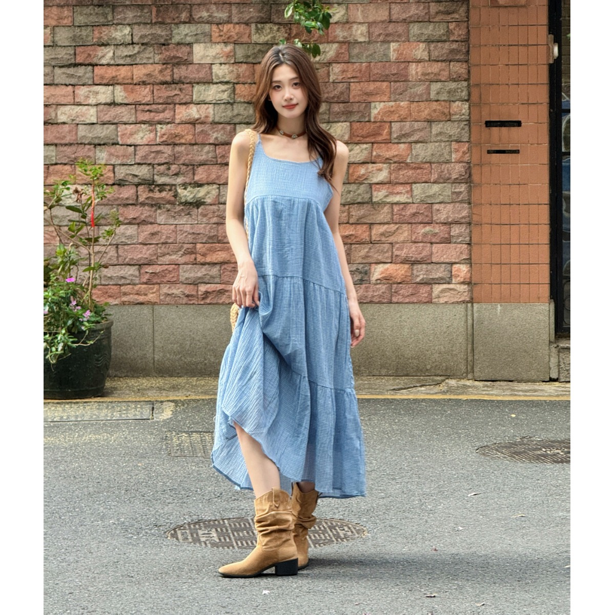 Elegant Blue Plaid Cotton Line - Linen Dress Wrap avaliação e preço
