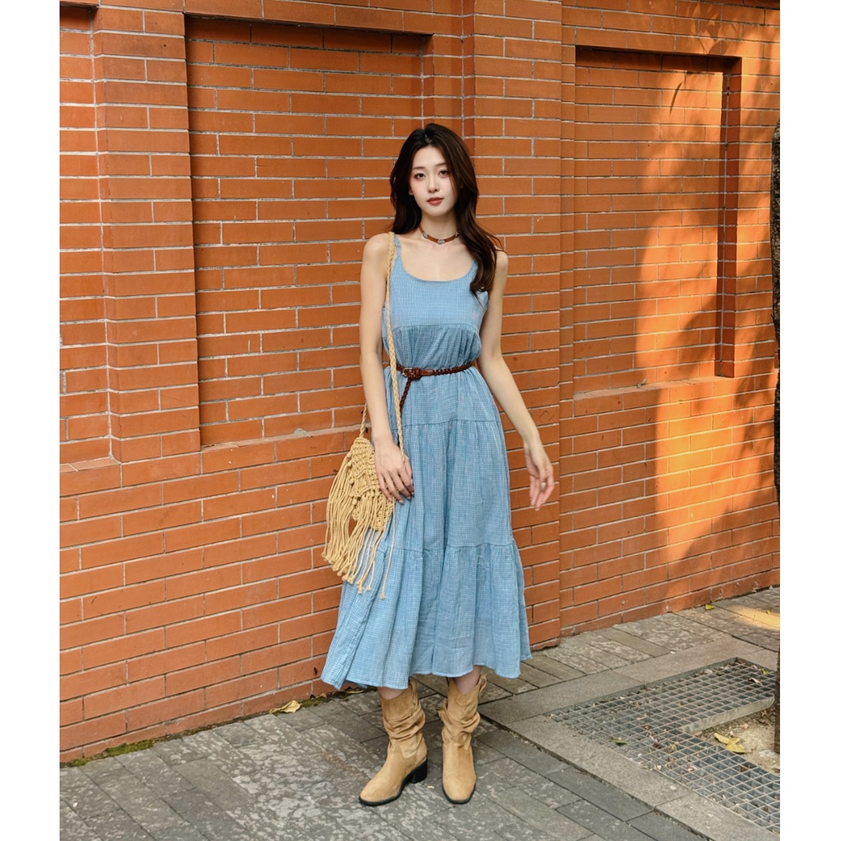 Elegant Blue Plaid Cotton Line - Linen Dress Wrap avaliação e preço