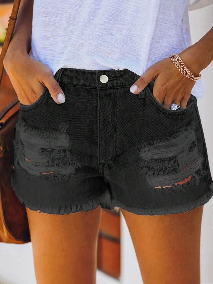Mid Waist Washed Denim Shorts  - Shorts Denim Frayed avaliação e preço