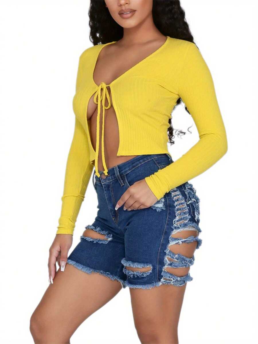 Women High Waist Ripped Denim  - Shorts Denim Frayed avaliação e preço