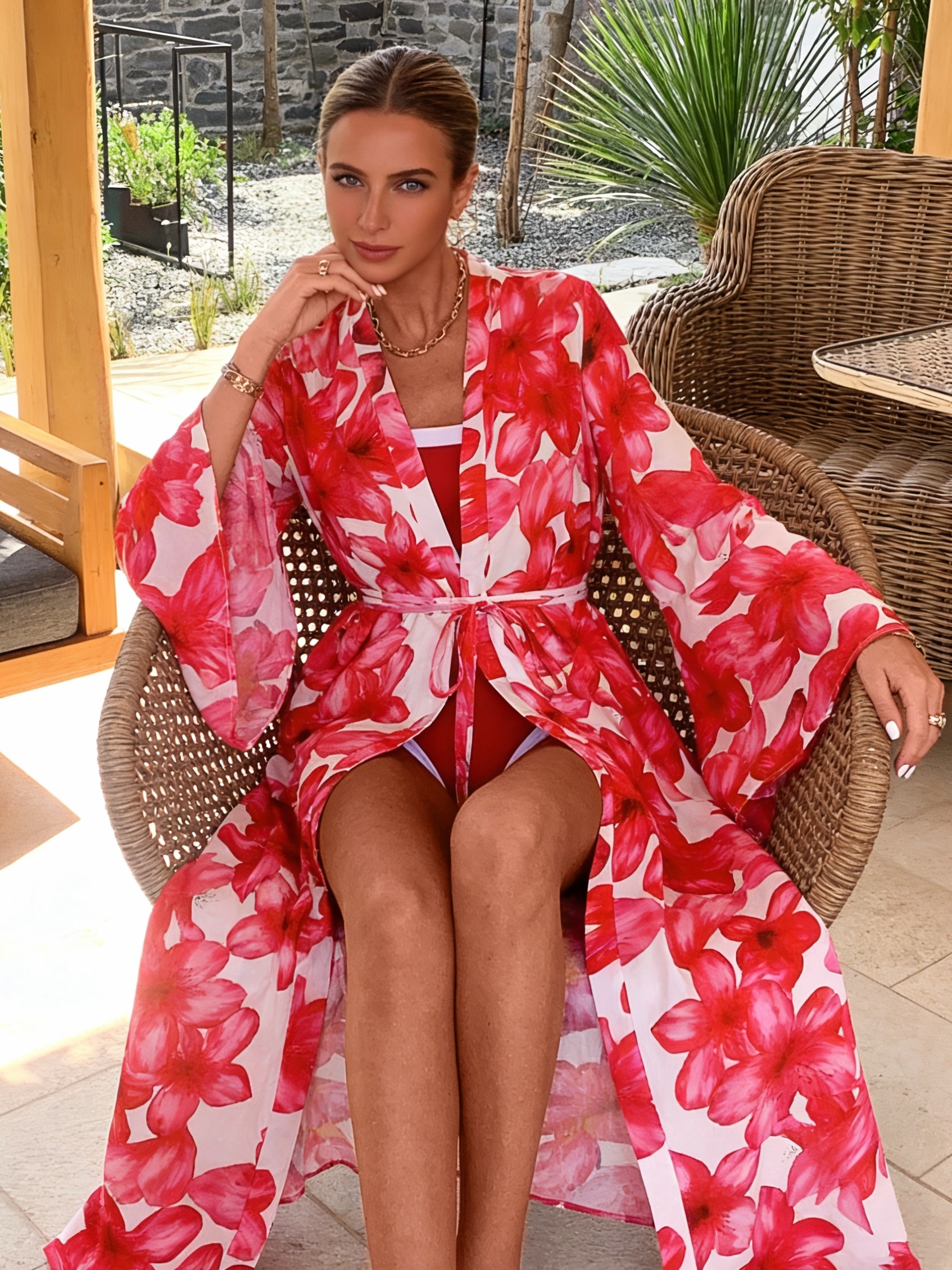 Women's Red Floral Kimono Robe - Kimono Sheer Floral avaliação e preço