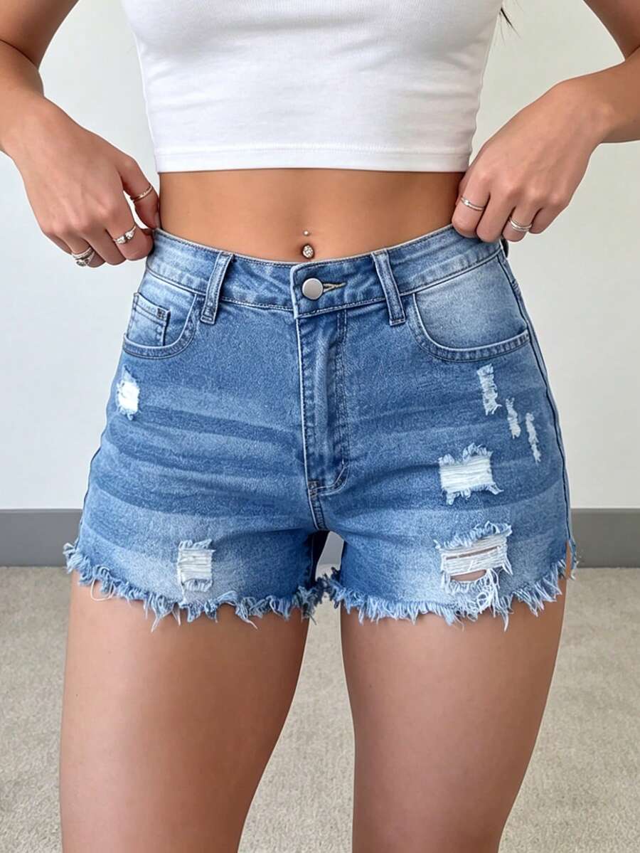 Womens Casual Distressed Denim - Shorts Denim Frayed avaliação e preço