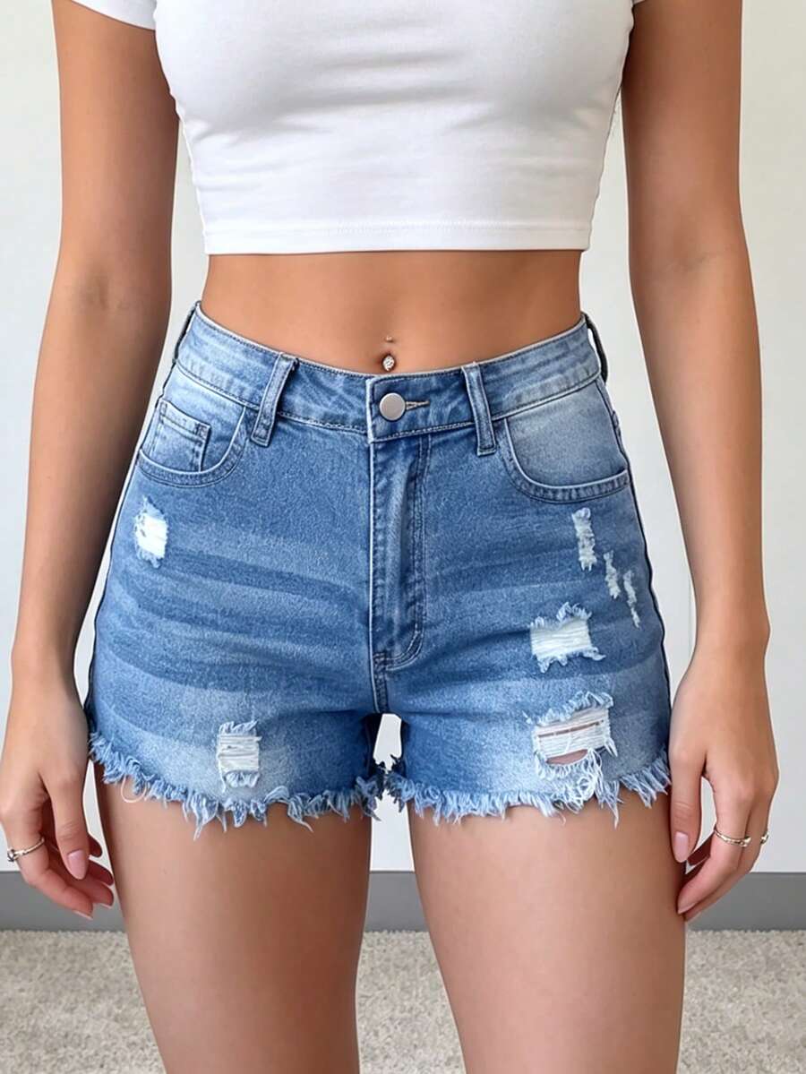 Womens Casual Distressed Denim - Shorts Denim Frayed avaliação e preço