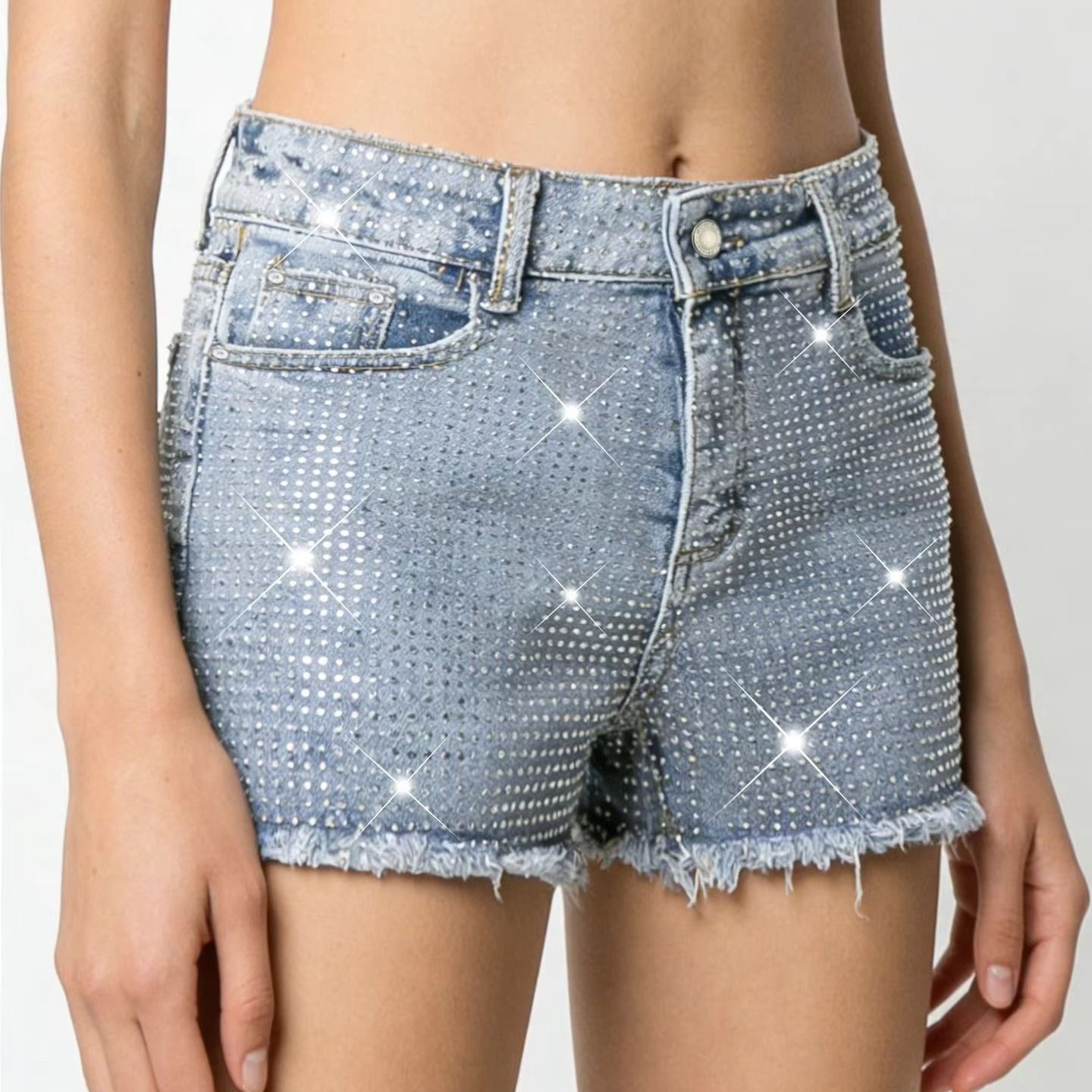 2026 New Full-Bejeweled Elasti - Shorts Denim Frayed avaliação e preço