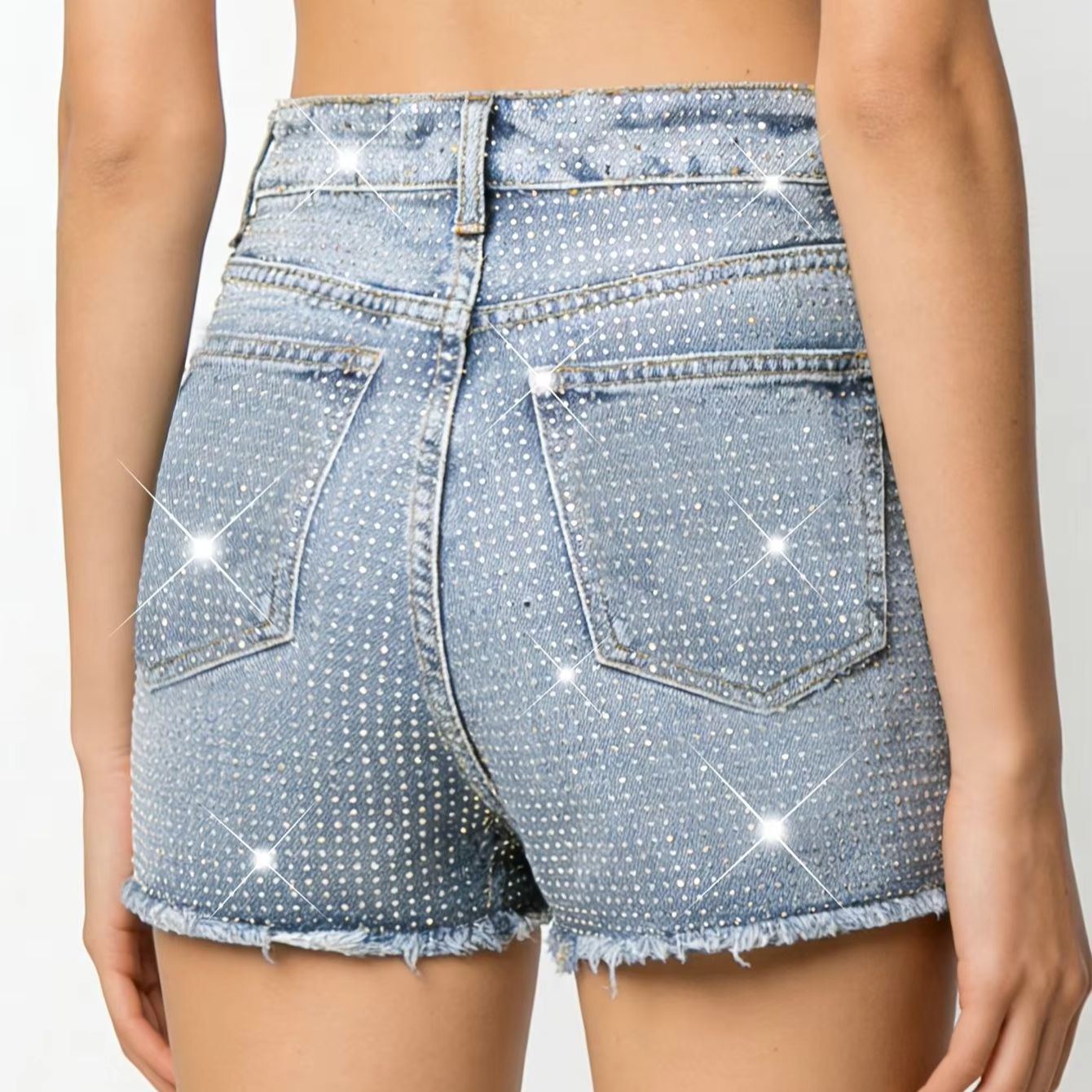 2026 New Full-Bejeweled Elasti - Shorts Denim Frayed avaliação e preço