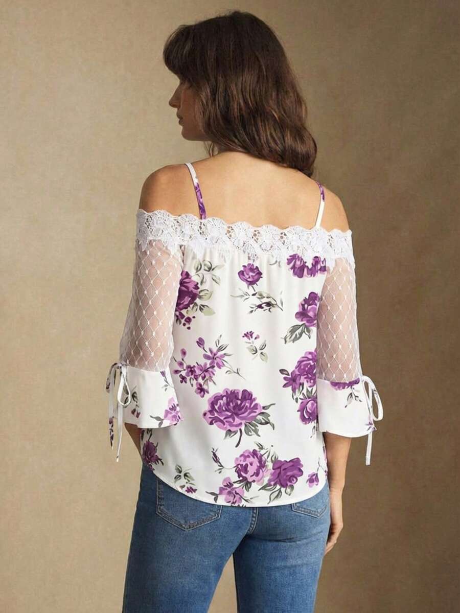 Purple Floral Print Off Should - Blouse Off Shoulder avaliação e preço