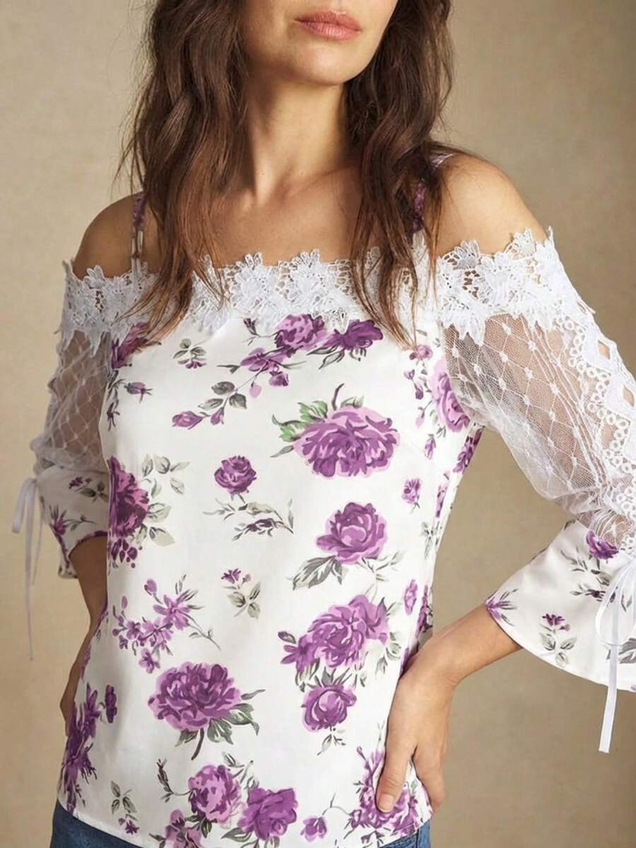 Purple Floral Print Off Should - Blouse Off Shoulder avaliação e preço