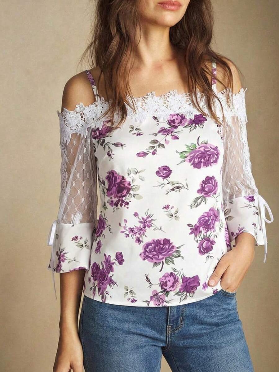 Purple Floral Print Off Should - Blouse Off Shoulder avaliação e preço