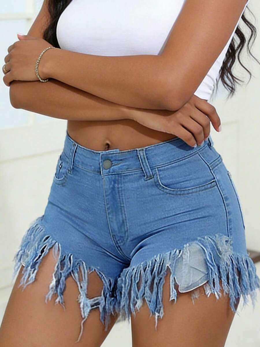 Distressed Frayed Hem Denim Sh - Shorts Denim Frayed avaliação e preço