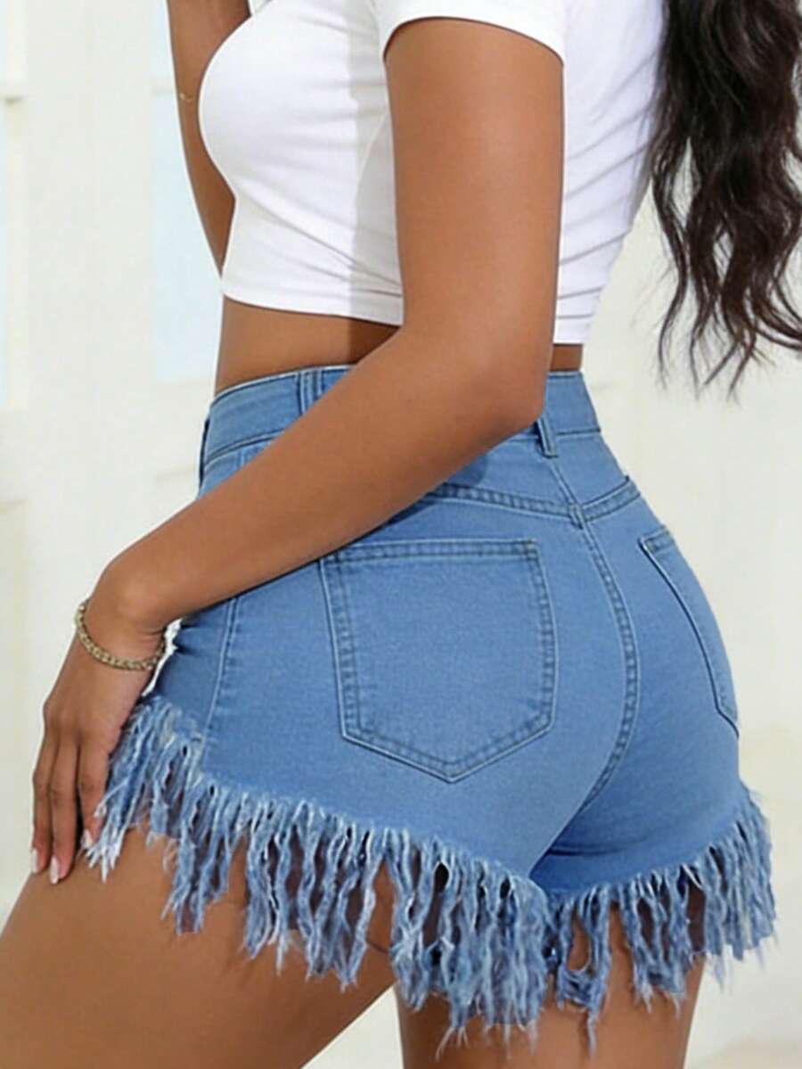 Distressed Frayed Hem Denim Sh - Shorts Denim Frayed avaliação e preço