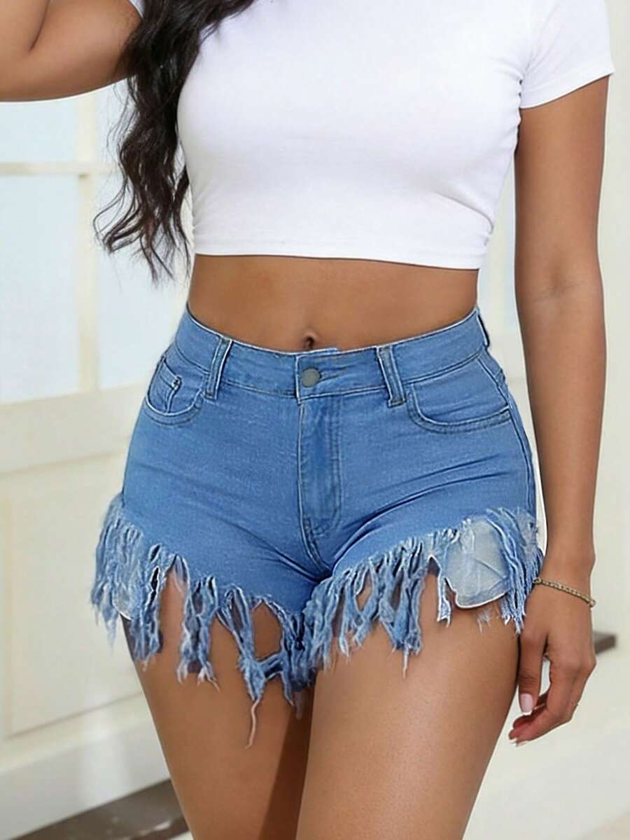 Distressed Frayed Hem Denim Sh - Shorts Denim Frayed avaliação e preço
