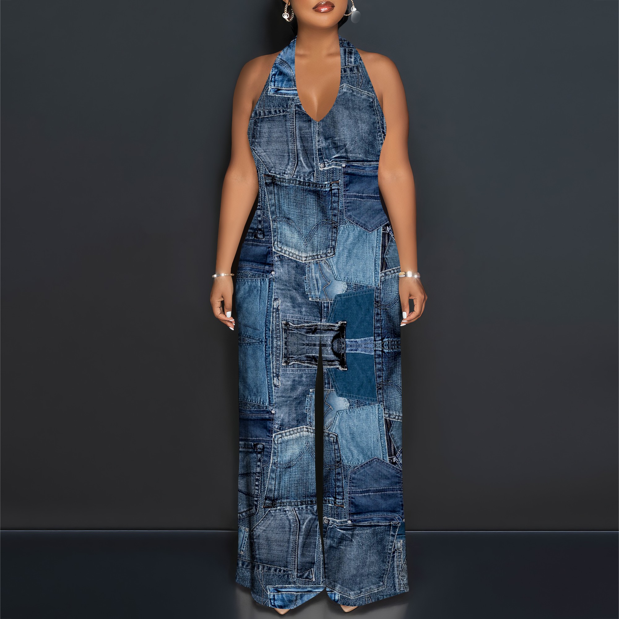 Denim Patchwork Halter V-Neck  - Maxi Dress Halter avaliação e preço