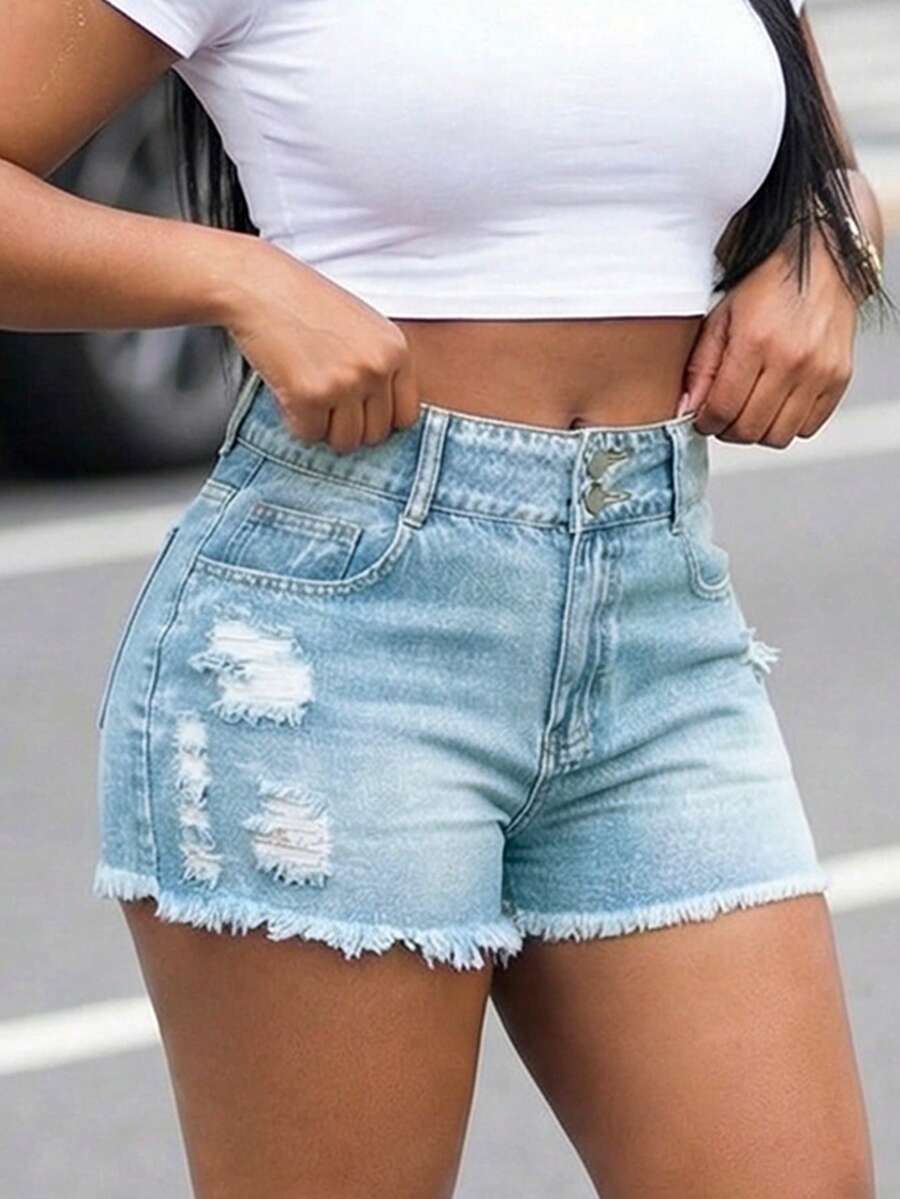 Women High Waist Denim Shorts  - Shorts Denim Frayed avaliação e preço
