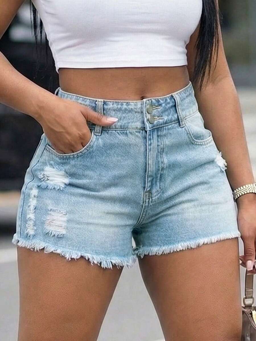 Women High Waist Denim Shorts  - Shorts Denim Frayed avaliação e preço