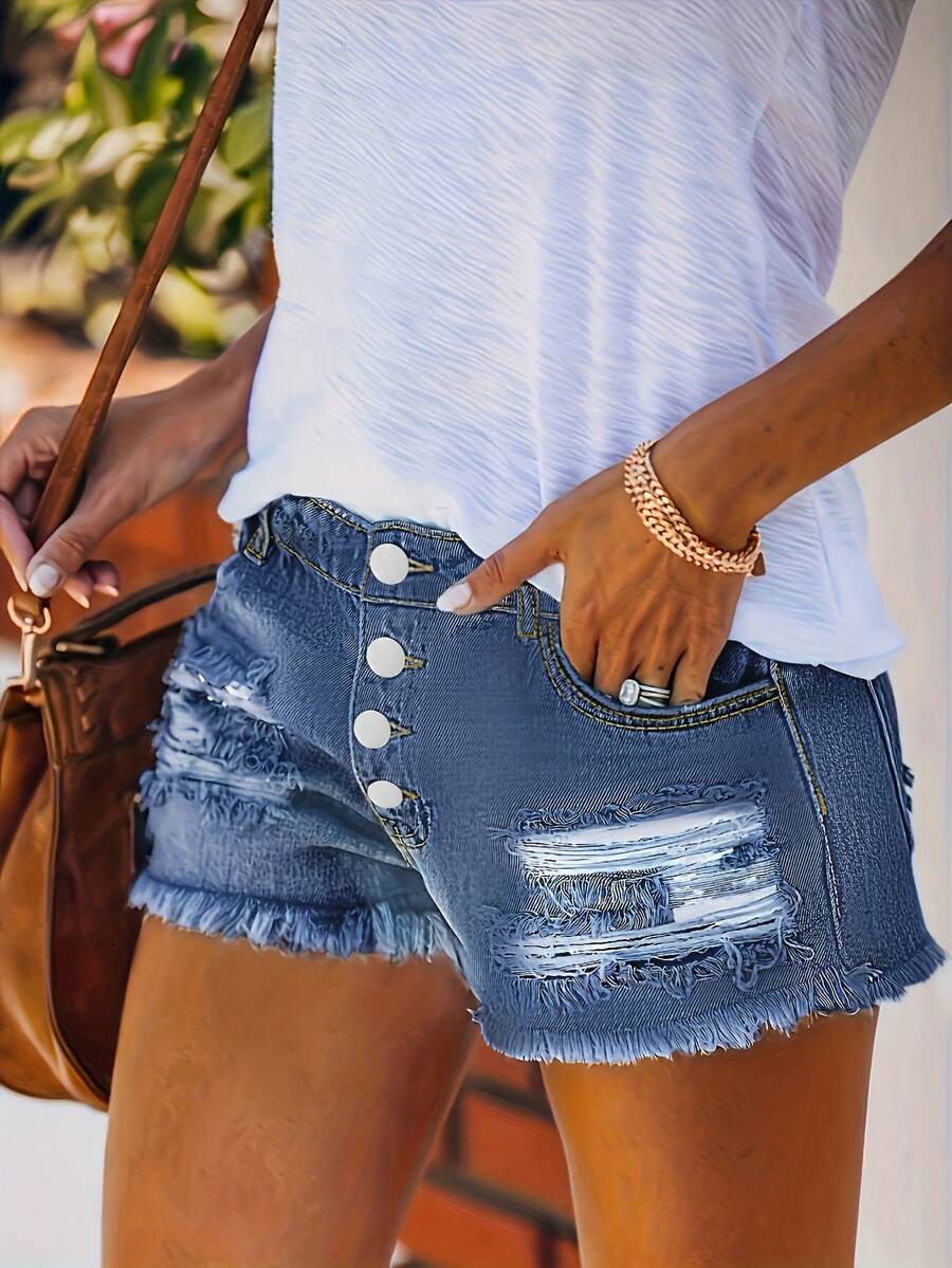 Womens Buttoned Distressed Den - Shorts Denim Frayed avaliação e preço