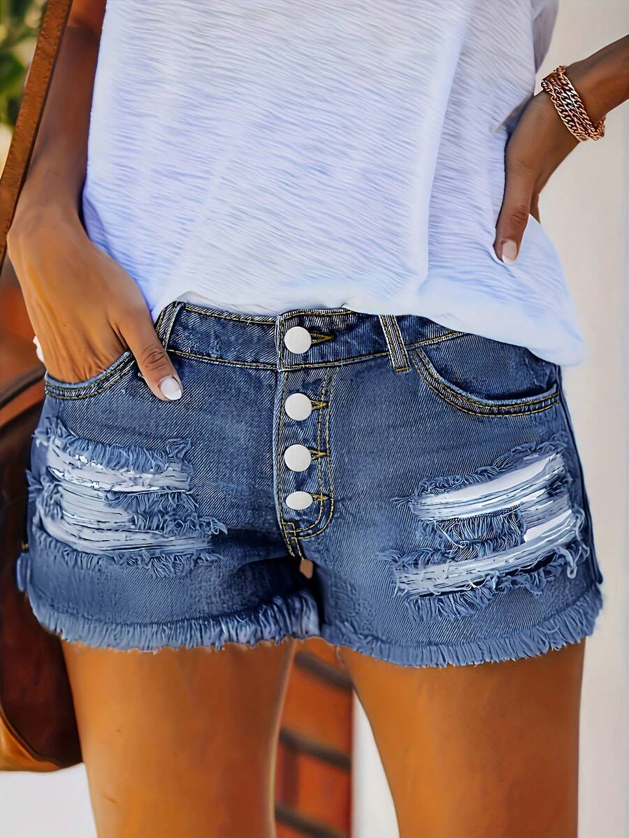 Womens Buttoned Distressed Den - Shorts Denim Frayed avaliação e preço