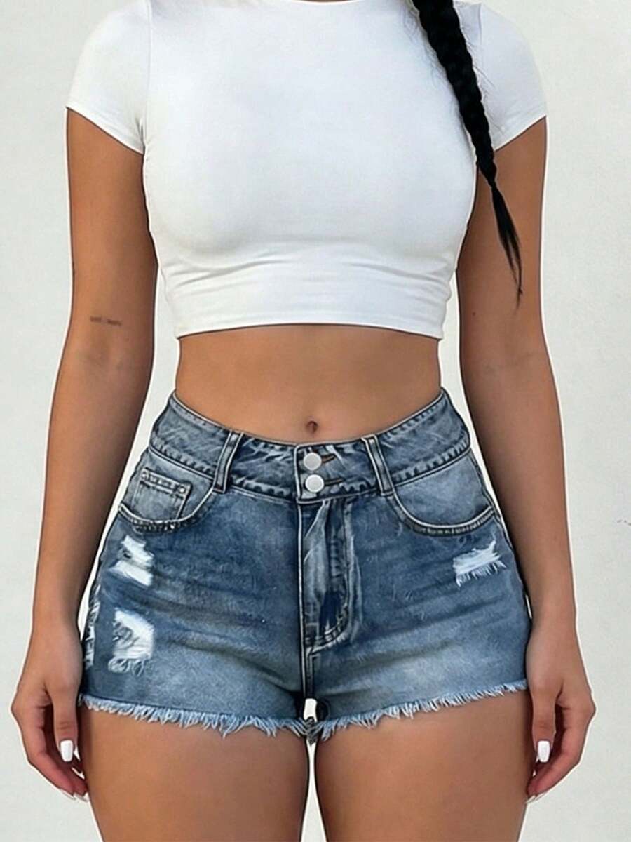 Mid-Rise Womens Denim Shorts W - Shorts Denim Frayed avaliação e preço