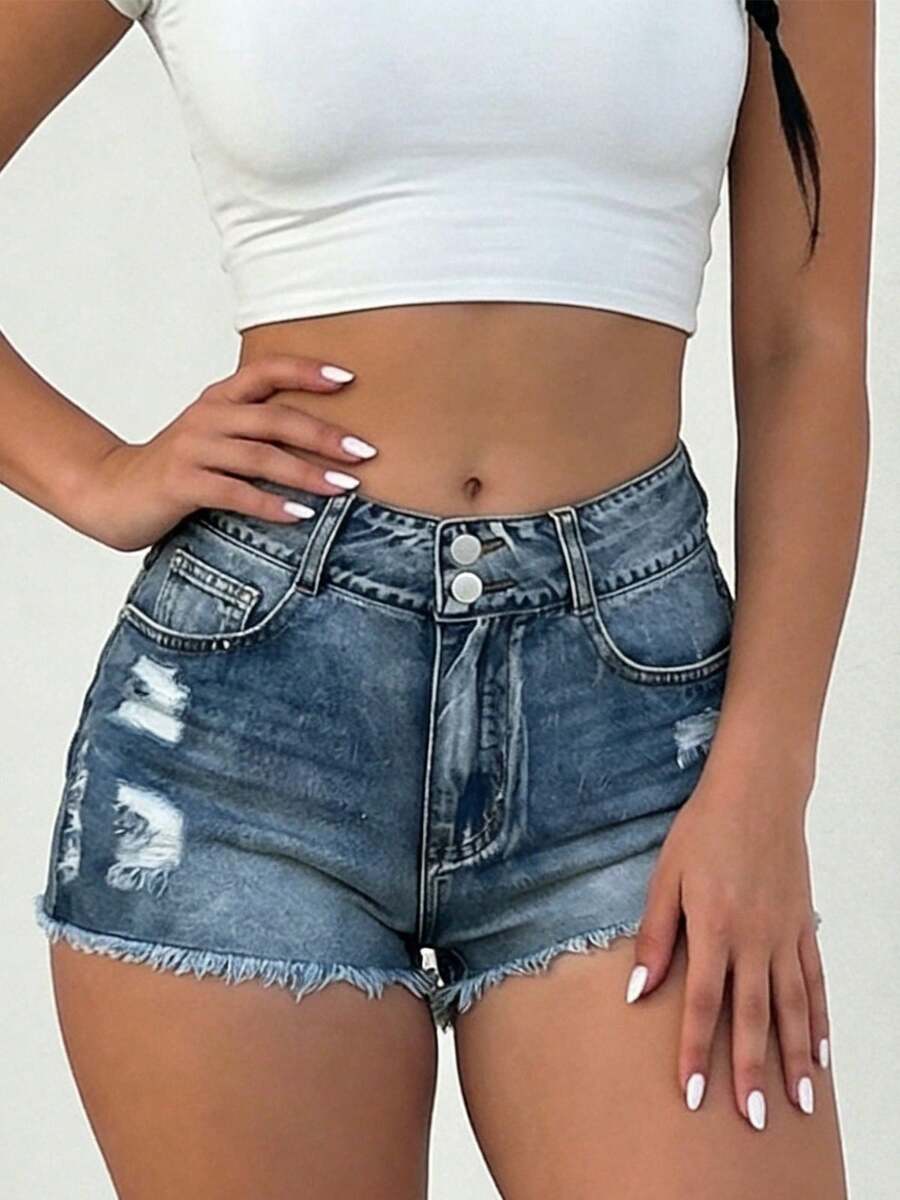 Mid-Rise Womens Denim Shorts W - Shorts Denim Frayed avaliação e preço
